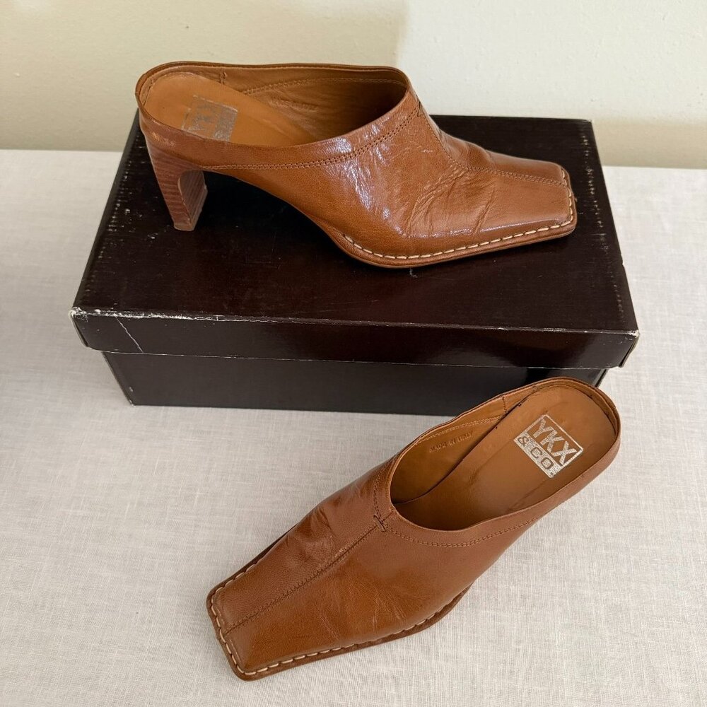 YKX and Co Brown Leather Square Toe Heeled Mules Size 7.5 Shoes